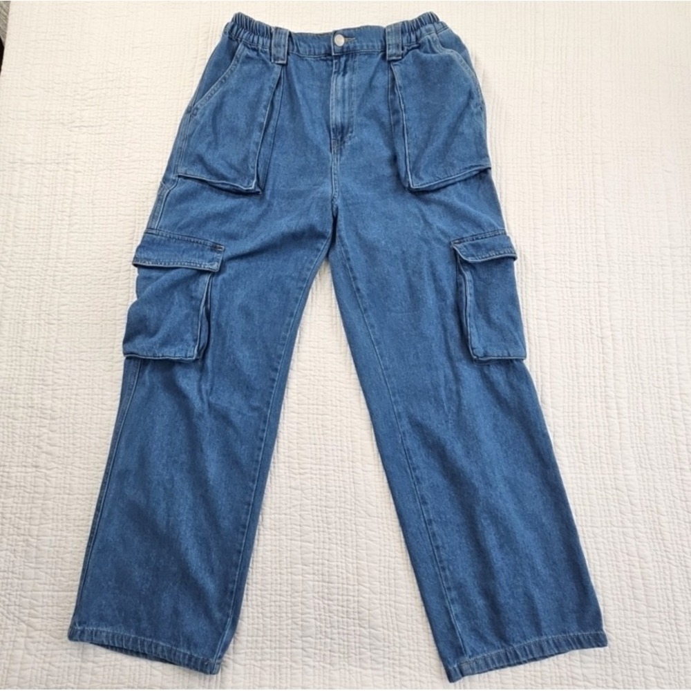 Simple Society High-Rise Wide-Leg Cargo Denim Pants Womens 15 32x29 6 Pocket EUC